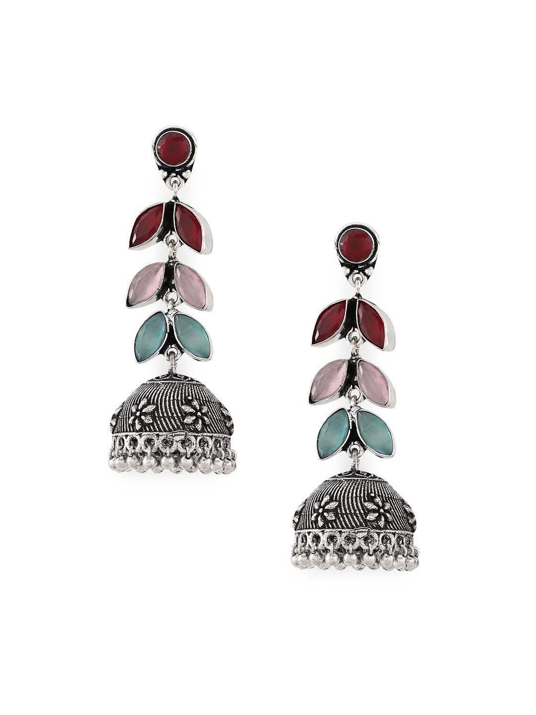 El Regalo Elegant Oxidized Stones Leaves Brass Jhumka Earrings- Silver Lookalike Ethnic Long Jhumki Earrings for Women Girls (Multi) (B0D47GZFWW) Amazon Price History, Amazon Price Tracker