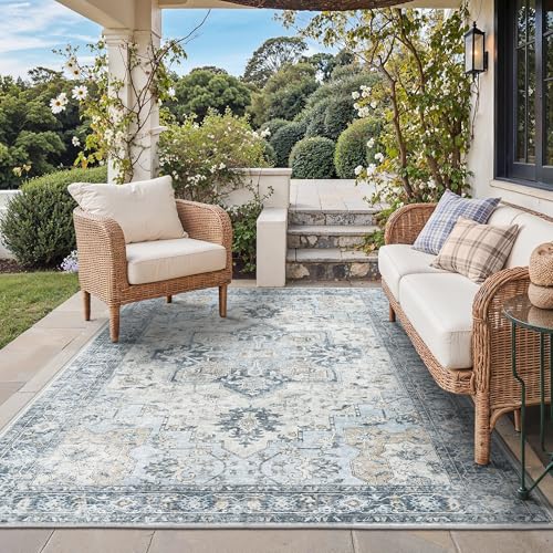 GENIMO Outdoor & Indoor Area Rug 5'x8', Waterproof, Non-Shedding, Easy Cleaning, Boho Mat for Patio, Living Room, Balcony, Dining Room, RV, Deck, Bedroom, Camping, Outside Carpet,Blue
