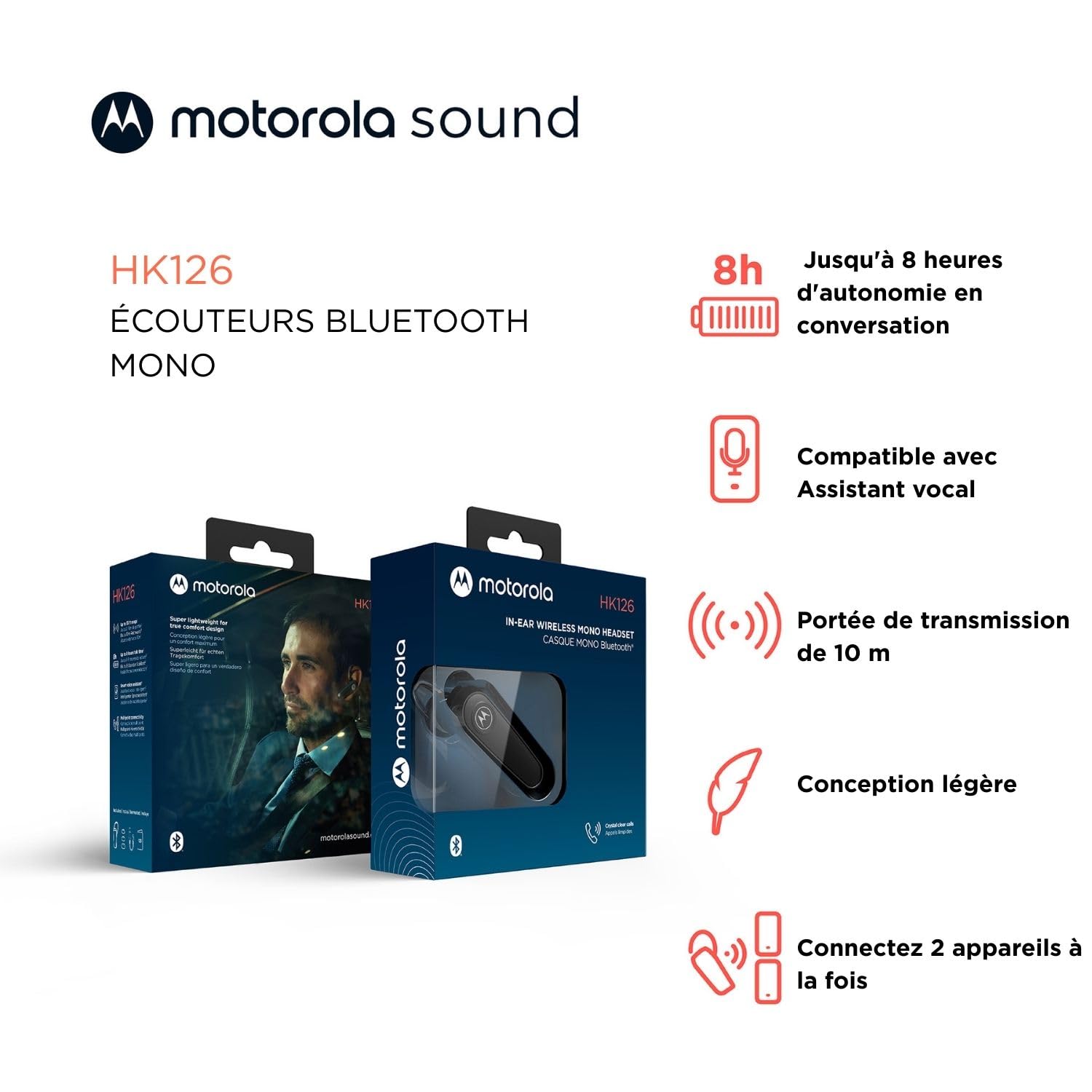 Motorola Sound - Casque Bluetooth HK126, Écouteurs intra-auriculaires Bluetooth mono sans fil avec 8 heures d'autonomie en conversation, compatible avec assistant vocal, connexion à 2 appareils
