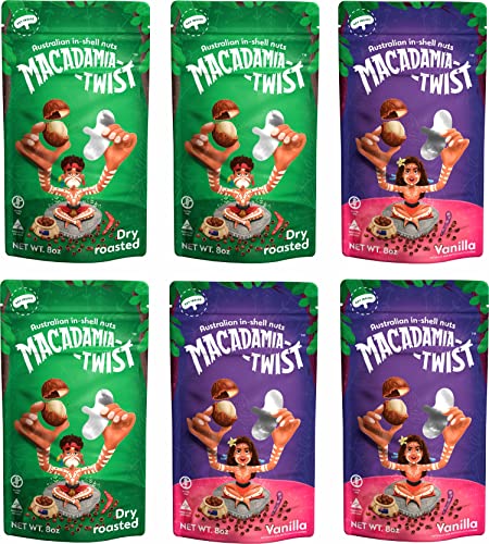 Final Sale - Macadamia Twist Premium Australian Macadamia Nuts In Shell With Metal Key To Open Shells, Combo Family Pack 3Pc Vanilla + 3Pc Dry Roasted Flavored #TOP2