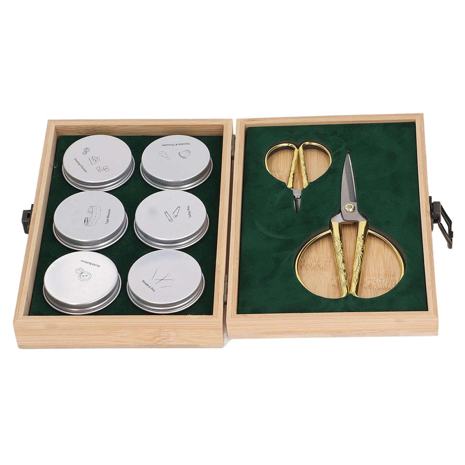 Qcwwy Kit de Costura de Madera con 2 Tijeras, Botones, Alfileres, Hebillas, Dedal, Enhebrador, Cinta Métrica para Suministros de Costura del Hogar