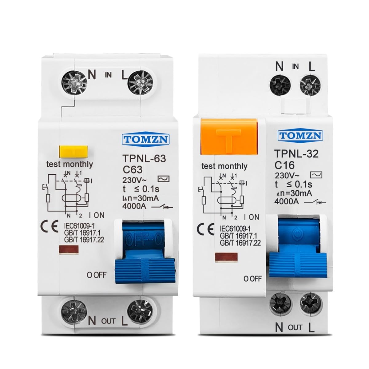 Circuit Breaker 1P+N RCBO, rated 230V. Integrates residual current, overcurrent and short-circuit protection. Waterproof design, suitable for safe power distribution panels. Circuit Breakers(TPNL 63A)