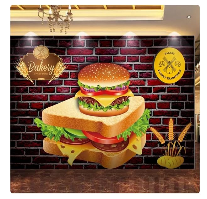 SMALLSNOT Fotomural 3D Pared de ladrillo Comida rápida Pan Hamburguesa Sándwich Papel pintado Restaurante occidental Restaurante Decoración de fondo *300cmx210cm (118.1x82.7inch)