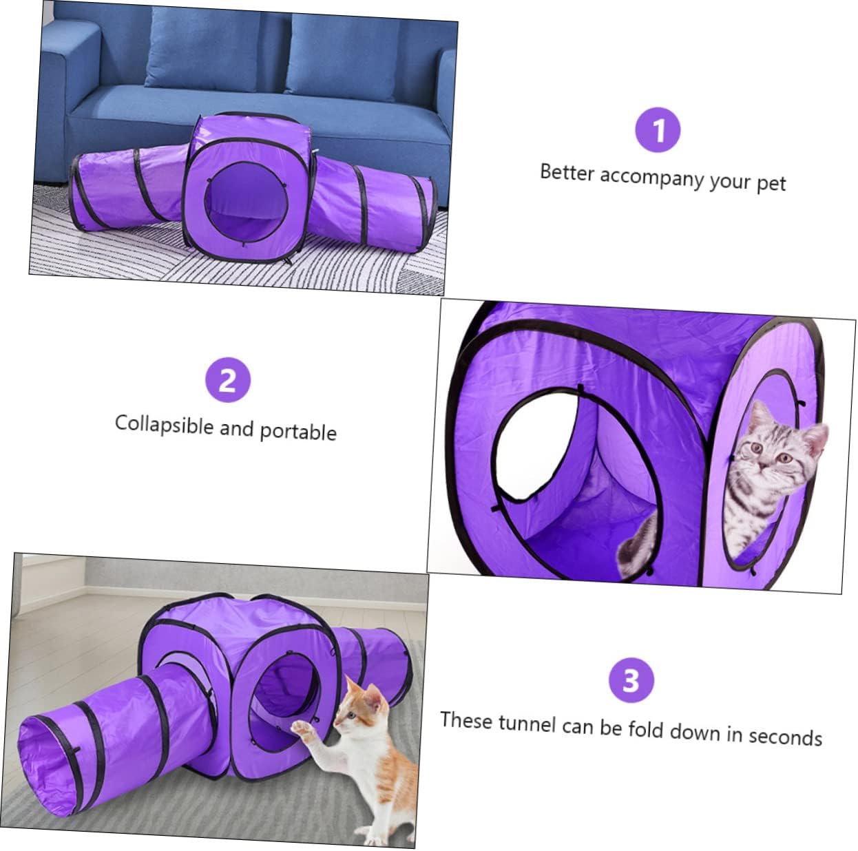 Kisangel 3pcs Cat Tunnel Set Interactive Squeaky Playground Toy for Kittens Durable Tubes Crackle for Indoor Exercising and Playtime