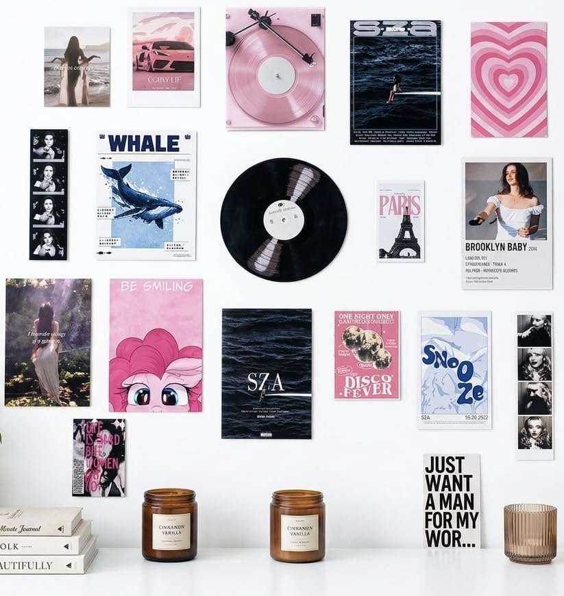 Image of 17 Piece Aesthetic Poster Set | 300 GSM Multi-Sized Wall Posters with Adhesive Tape | Music, Retro, Paris & Vintage Art Prints for Bedroom, Room Decor, Home Decor, Living Room & Wall Art