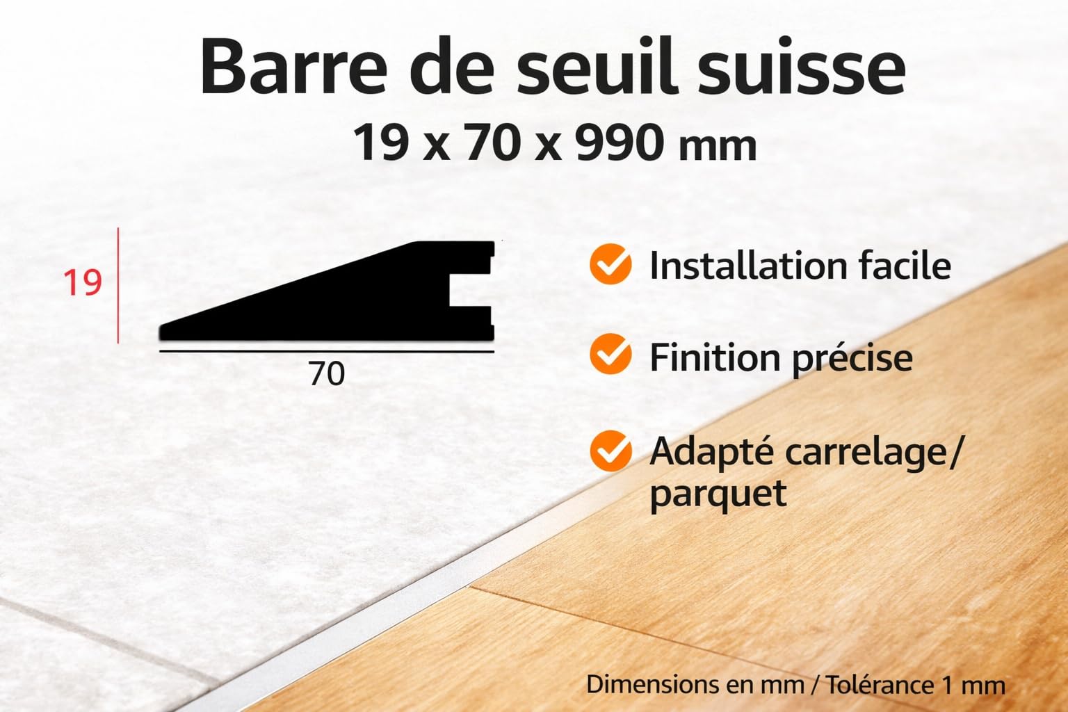 Seuil de Porte à la Suisse en Bois Made in France – Barre de Transition Sol 99 cm – Compense Différence de Niveau (1,9 ou 2,2 cm) – Plusieurs Couleurs – Idéal Parquet, Carrelage, Rénovation