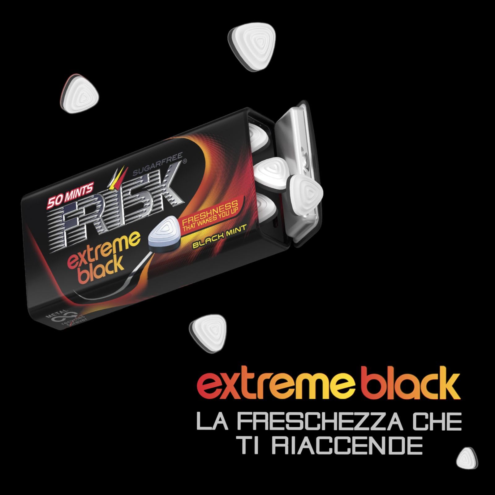 Frisk Extreme Black | Caramelle Dure Gusto Menta Forte | Senza Zucchero | Espositore da 12 Astucci in Metallo