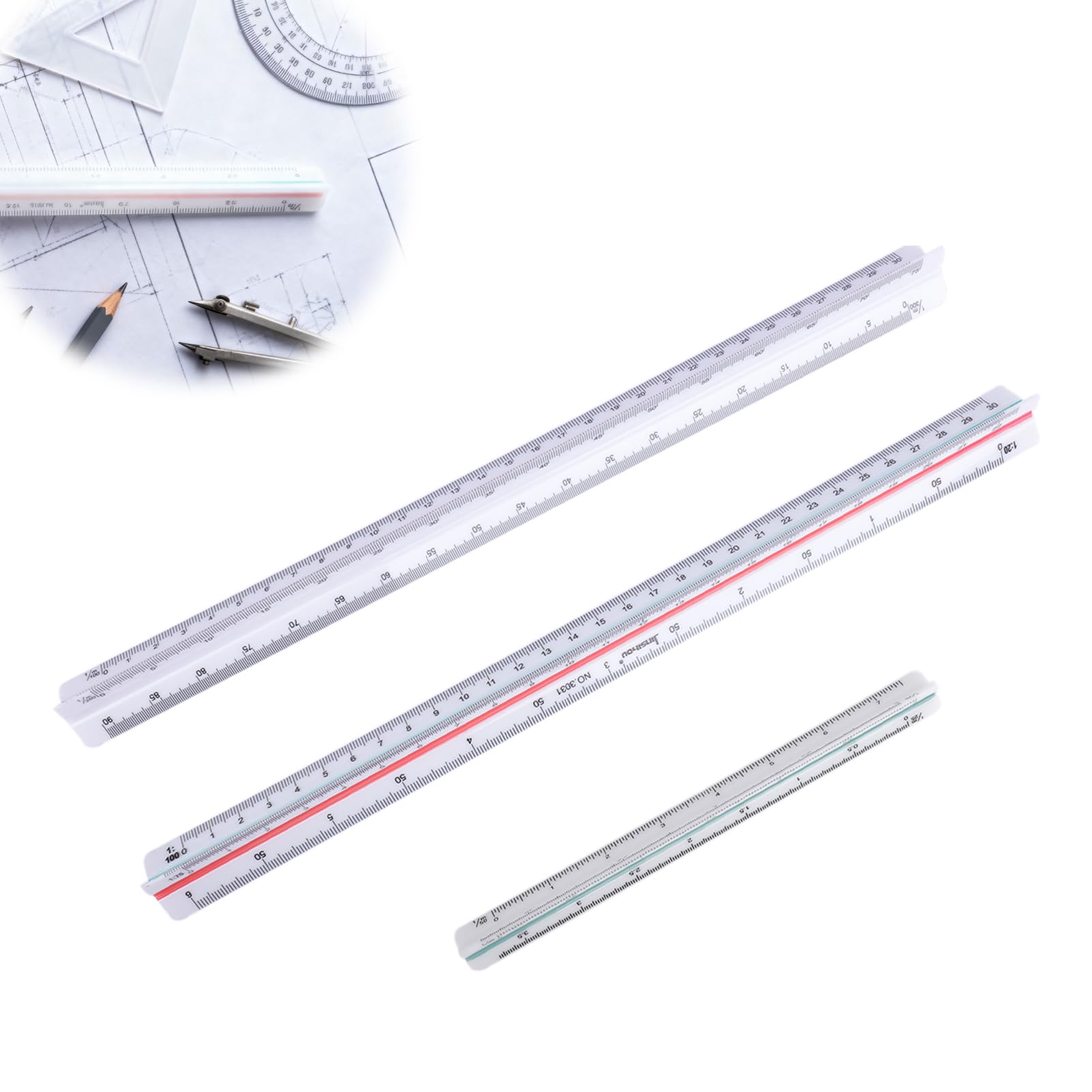 3 Piezas Regla de escala de plástico, escalimetro de 30 cm con Grabado Láser, (1:20 1:25 1:50 1:75 1:100 1:125 1:200 1:250 1:300 1:400 1:500) – Ideal para Arquitectos, Ingenieros y Estudiante