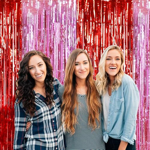 Image of TONIFUL Valentine's Day Door Streamers,Red and Pink Photo Booth Backdrop Metallic Streamers Foil Fringe Curtain for Birthday Valentine's Day Bridal Shower Engagement Party Decoration