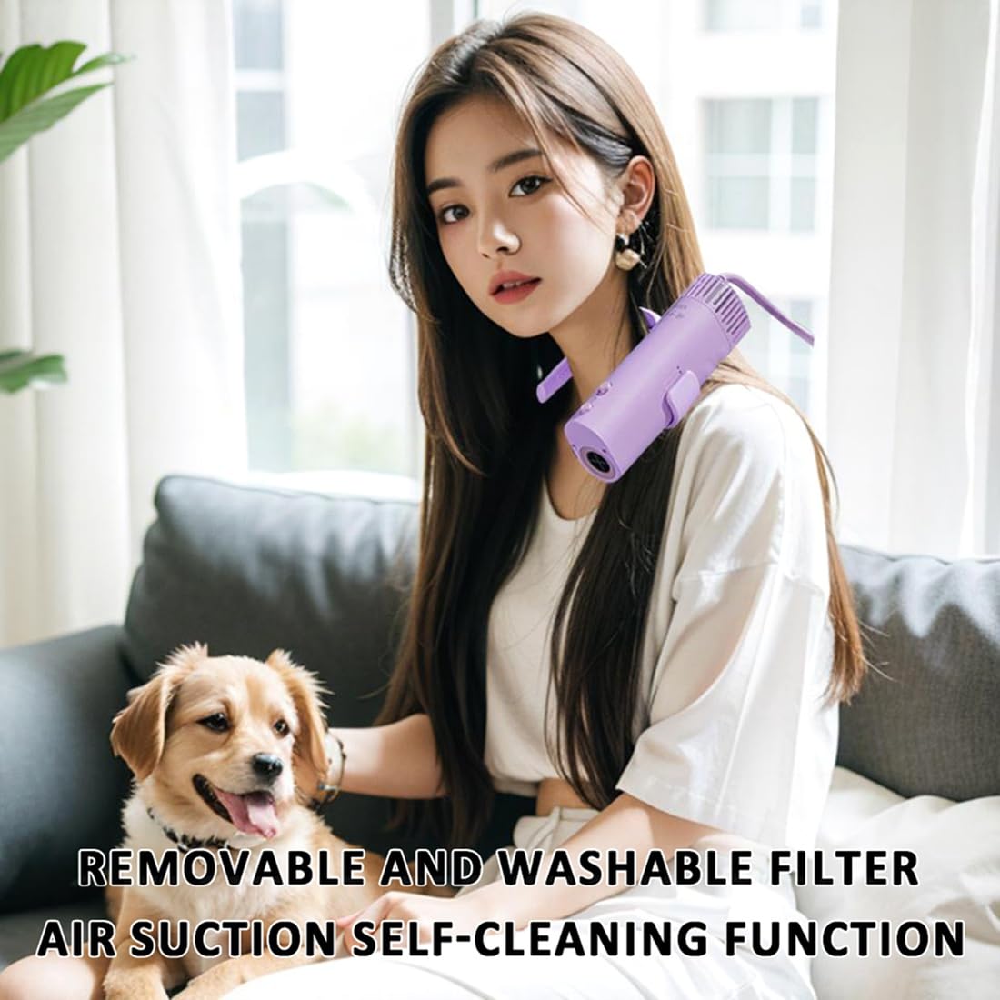 Sèche-Cheveux pour Chien Haute Puissance à Ions Négatifs, Brosse Silencieuse, Séchage, à Suspendre Autour du Cou, Portable, Prise Européenne