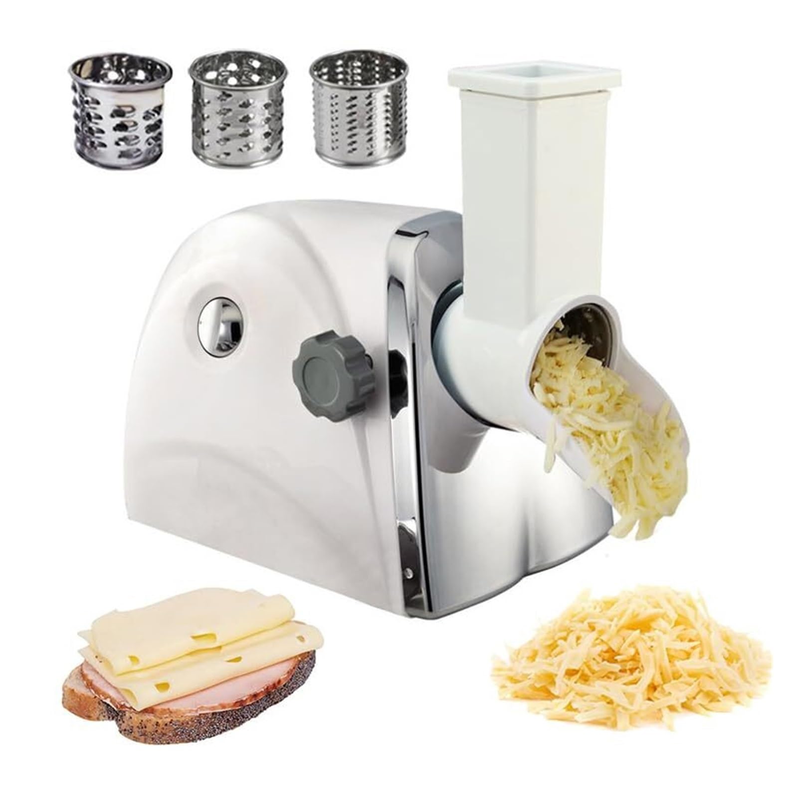 Râpe électrique avec 3 lames de coupe en acier inoxydable pour râper légumes, fromage, noix et chocolat