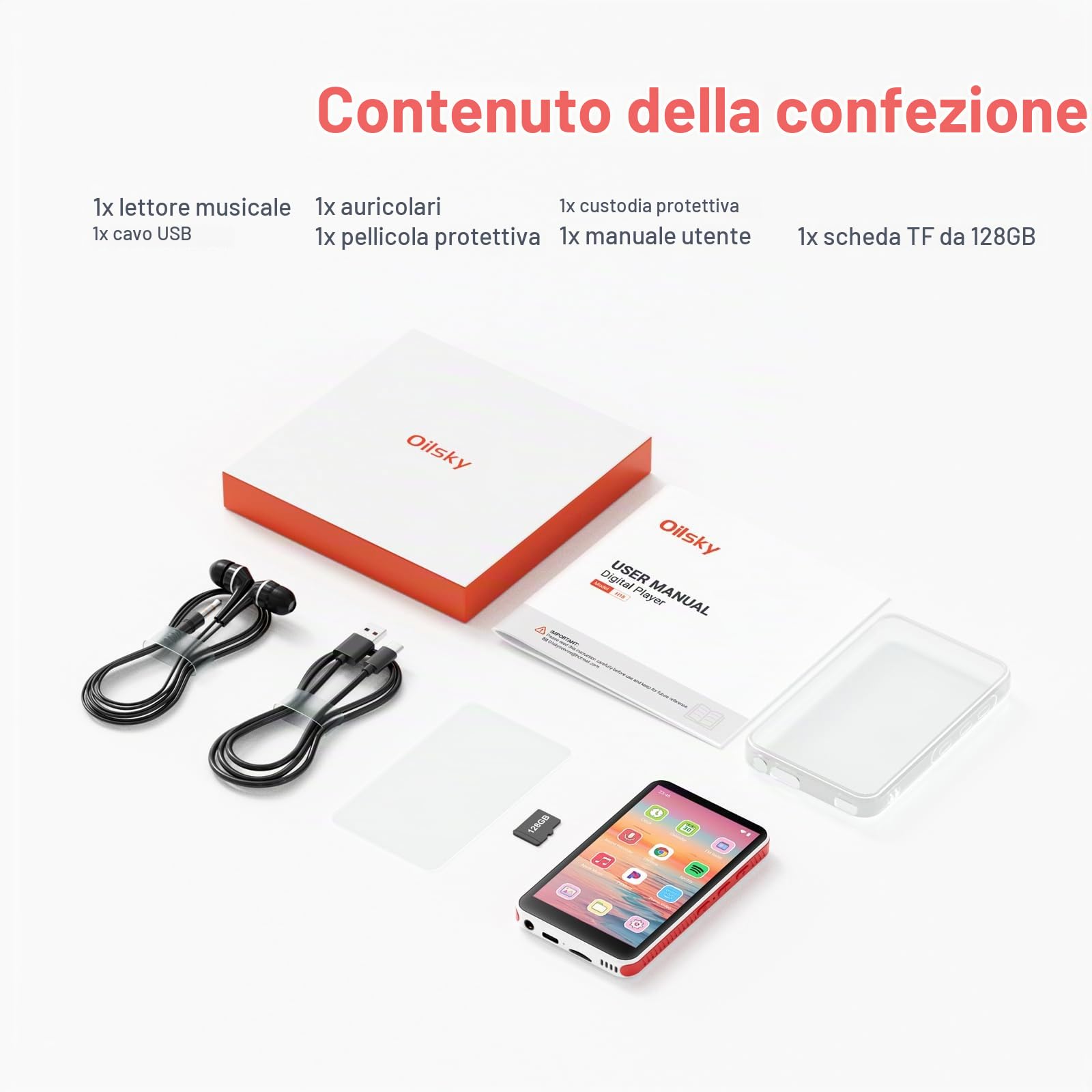 192GB Lettore MP3 con Bluetooth e WiFi, Android 13.0, RAM:4GB, 4,0" HD Schermo Tattile MP4 Lettore con Altoparlante, Portatile Spotify Lettore con Play Store (Bianco + Rosso)