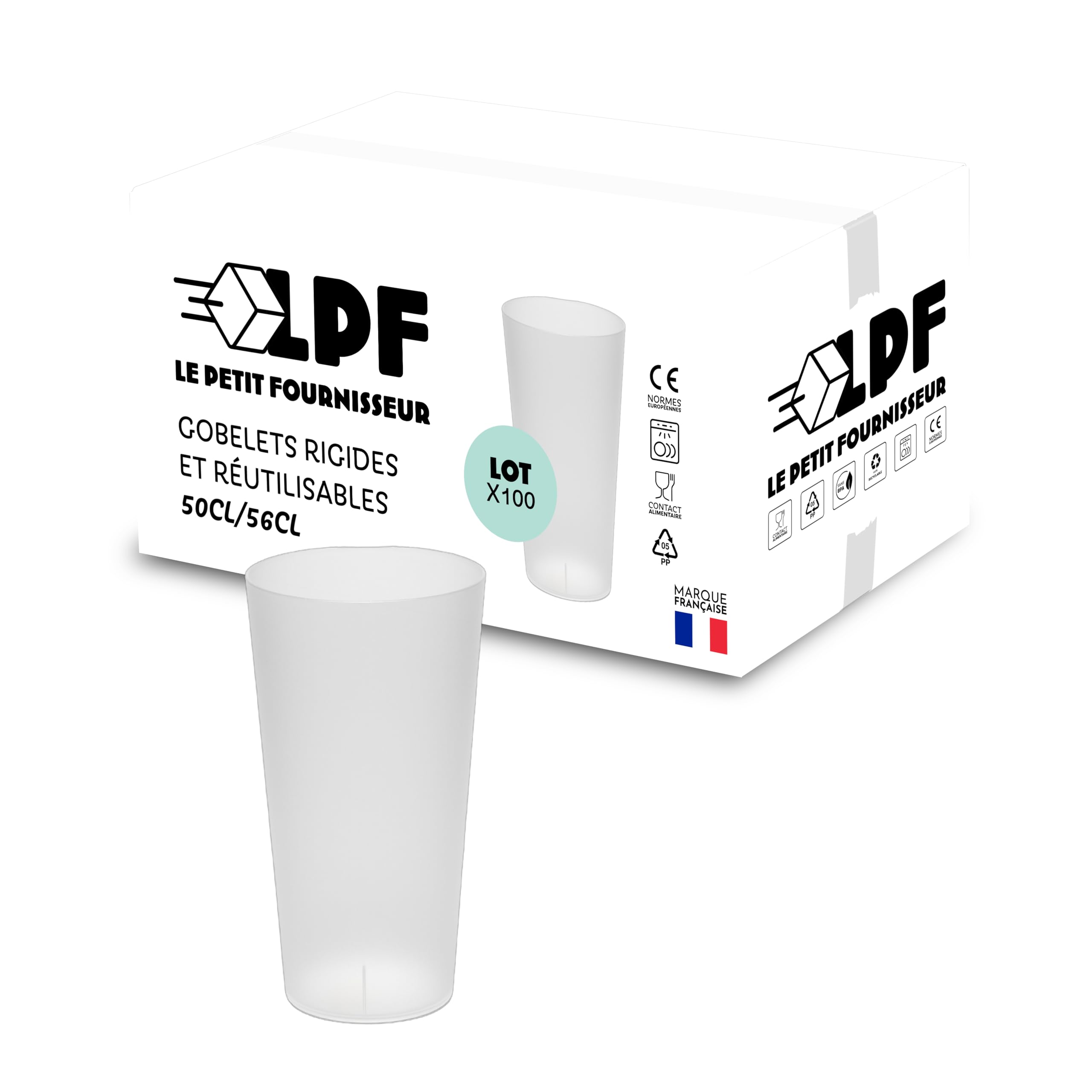 LPF LE PETIT FOURNISSEUR - Lot de 100 Gobelets réutilisables 50cl (56cl à ras-bord) - Polypropylène plastique alimentaire rigide - Gobelets à eau, bière - Compatible lave-vaisselle - Couleur Givré