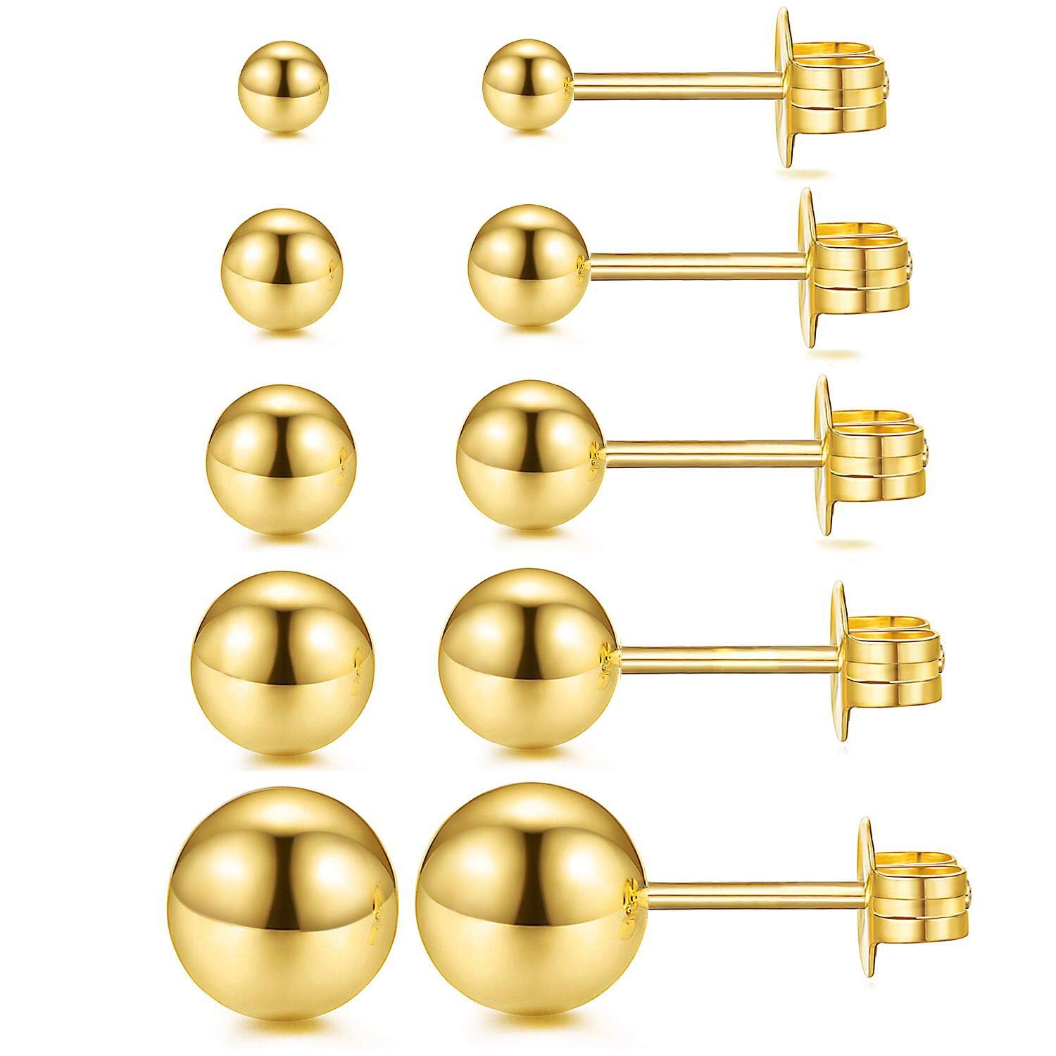 JINERA - Juego de 5 pares de aretes tipo dormilona para mujer, chapados en oro y plata de 14 quilates, aretes pequeños de perla, aretes de tuerca pequeños para cartílago, hipoalergénicos, ligeros, con