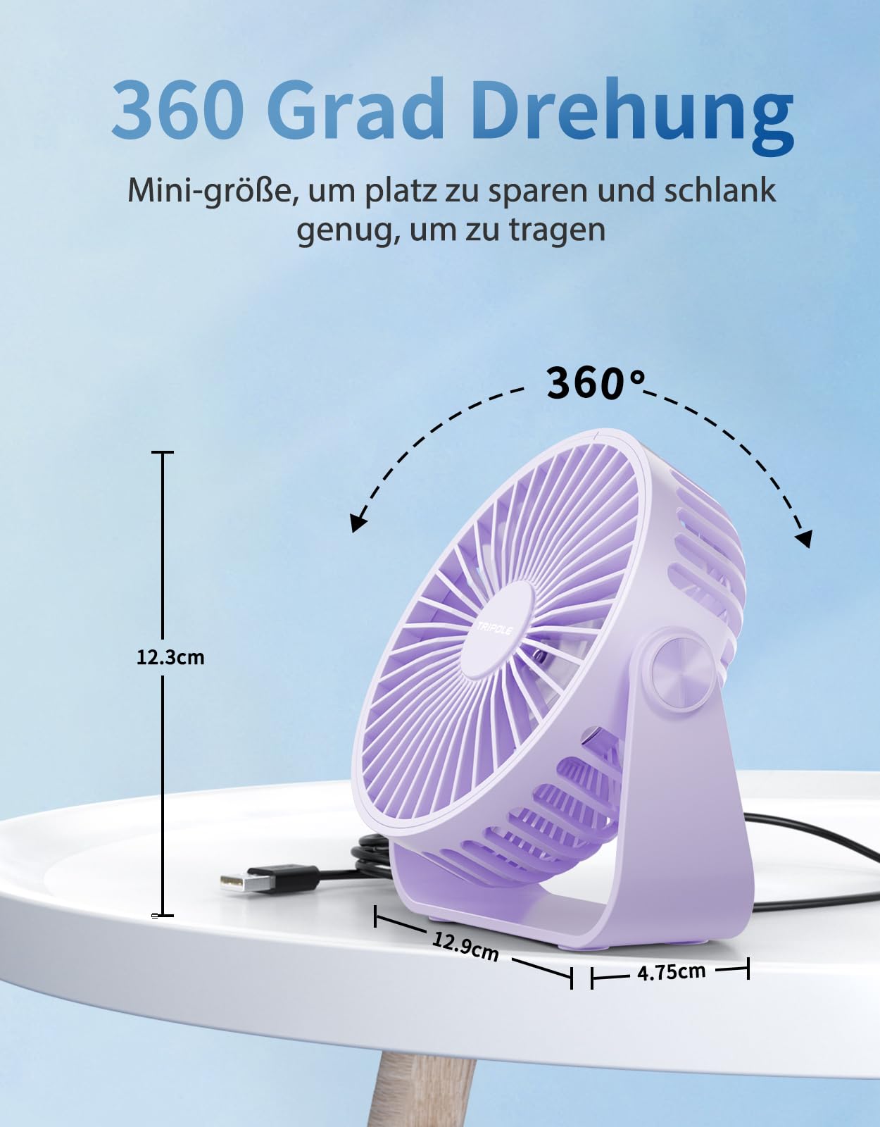 TriPole USB Desk Fan, 3 Speeds Adjustable Strong Wind, 360° Head Rotation, 1.5 m Cable - Image 4