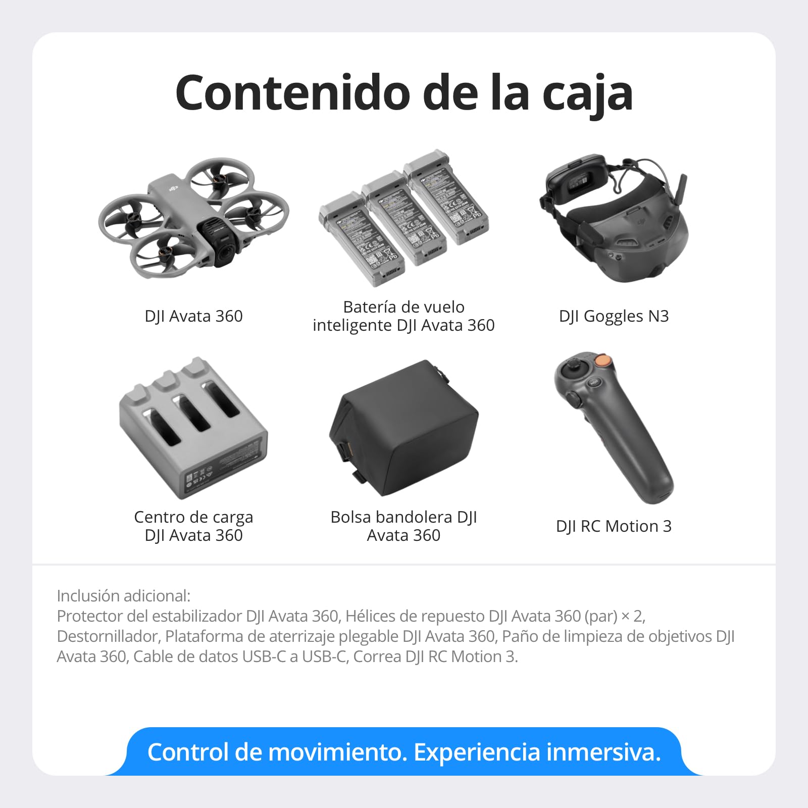 Pack DJI Avata 360 Motion Vuela Más, dron 360° con imagen 360° de 1 pulgada 8K, dron con cámara 360° con protector de hélices. Incluye Goggles N3 y RC Motion 3 para un control de movimiento intuitivo.