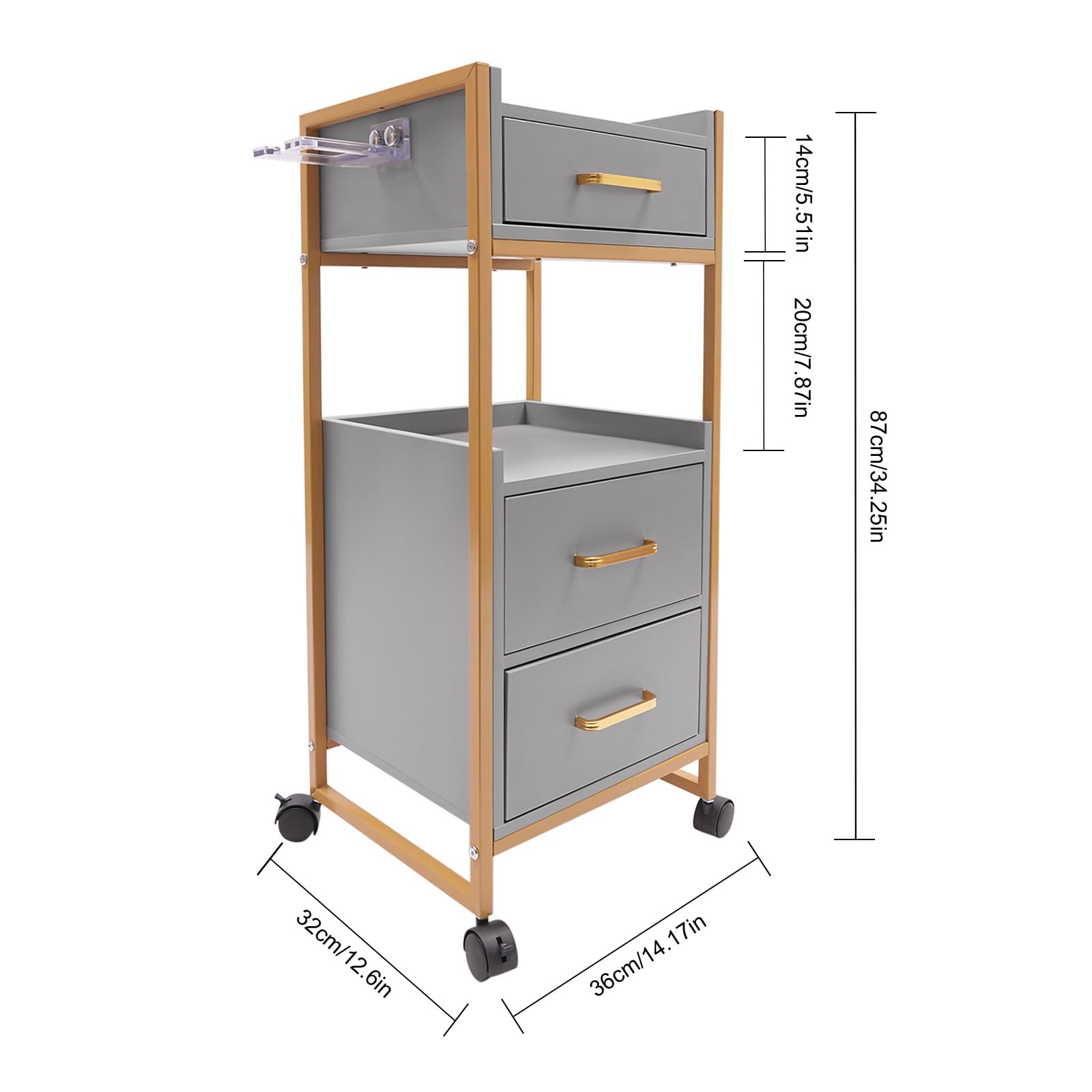 Carrito de cosméticos con ruedas, 3 cajones y soporte para secador, carrito auxiliar con armario, carrito de trabajo moderno para baño y sala de estar (Gris)