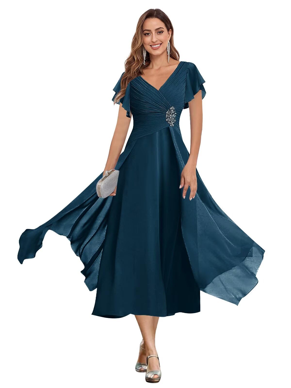 POMUYOO Mother of The Bride Dresses for Women Chiffon Tea Length Formal Dresses Wedding Guest Dress with Sleeves