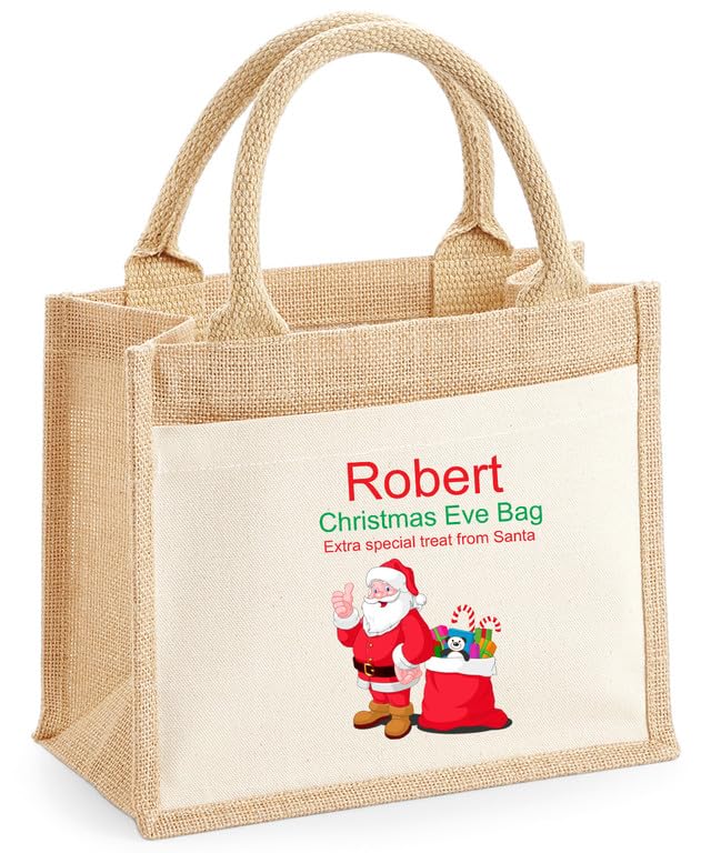 Personalised Name Cotton Pocket Santa Christmas Printed Jute Shopper Bag - Eco-Friendly Custom Tote Bag with Name and Cotton Canvas, Durable Handles - Ideal for Shopping, Work and Travel,(Natural, L)