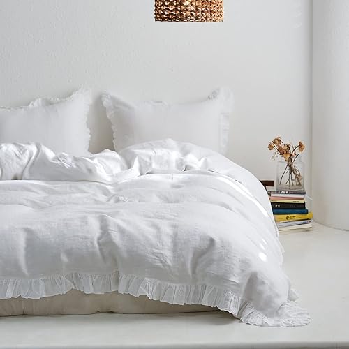 Miniatura 1 de SimpleOpulence - Juego de funda de duvet de 3 piezas 100 lino lavado con volantes estilo desgastado y elegante incluye 1 funda de duvet y 2 fundas