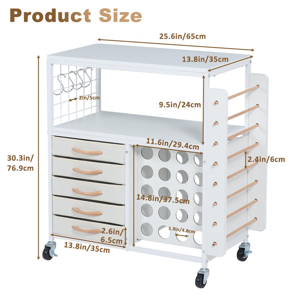 SMONTER Tavolo per organizzazione e conservazione per macchine Cricut, armadietto con 28 supporti per rotoli in vinile e 5 cassetti, supporto per pressa a caldo con ganci