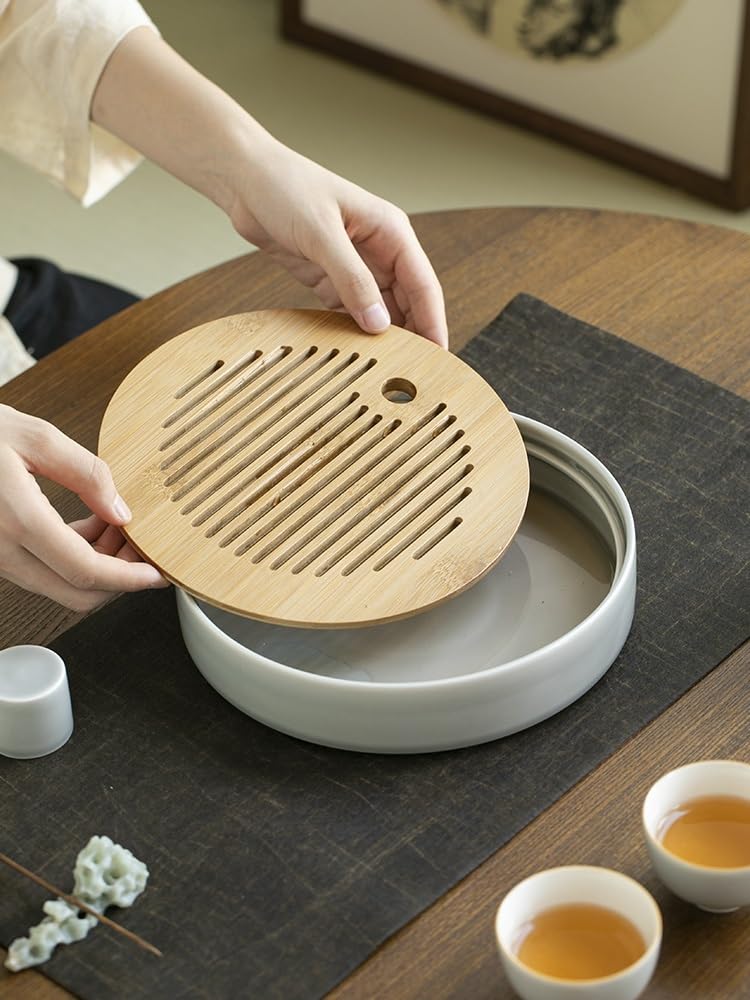Juego de bandejas de té de cerámica para infusión seca china, diseño simple con olla elevada, bandeja para infusión, bandeja para infusión de té seco, bandeja para juego de té (A)