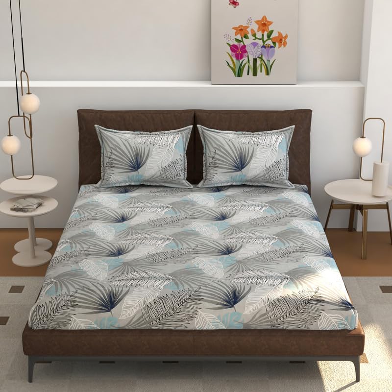 Image of Florida Blue Leaf Polycotton Double Bed AC Comforter with 1 Bedsheet & 2 Pillow Covers | Ultra Soft 4 Pc Reversible Bedding Set