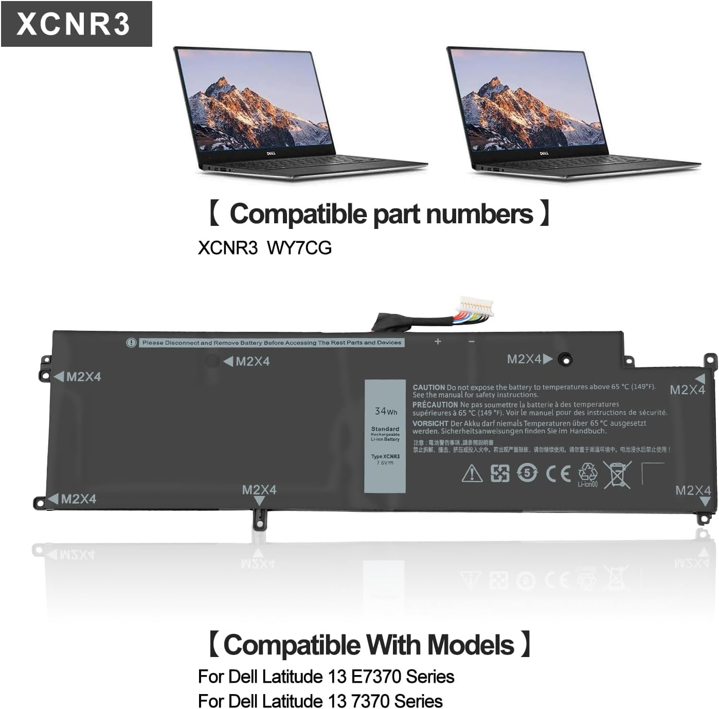 XCNR3 Laptop Battery Replacement for Dell Latitude 13 7370 Ultrabook Series 0XCNR3 WY7CG WV7CG MH25J 0WV7CG 7.6V 34Wh/4250mAh 4-Cell