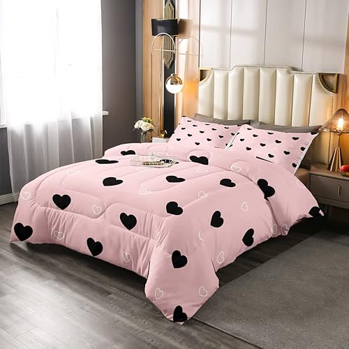 Juego de edredón para niñas, tamaño matrimonial, bonito juego de ropa de cama con patrón de corazón, bonito edredón de plumón rosa y negro, diseño disponible en Yaxa Venezuela