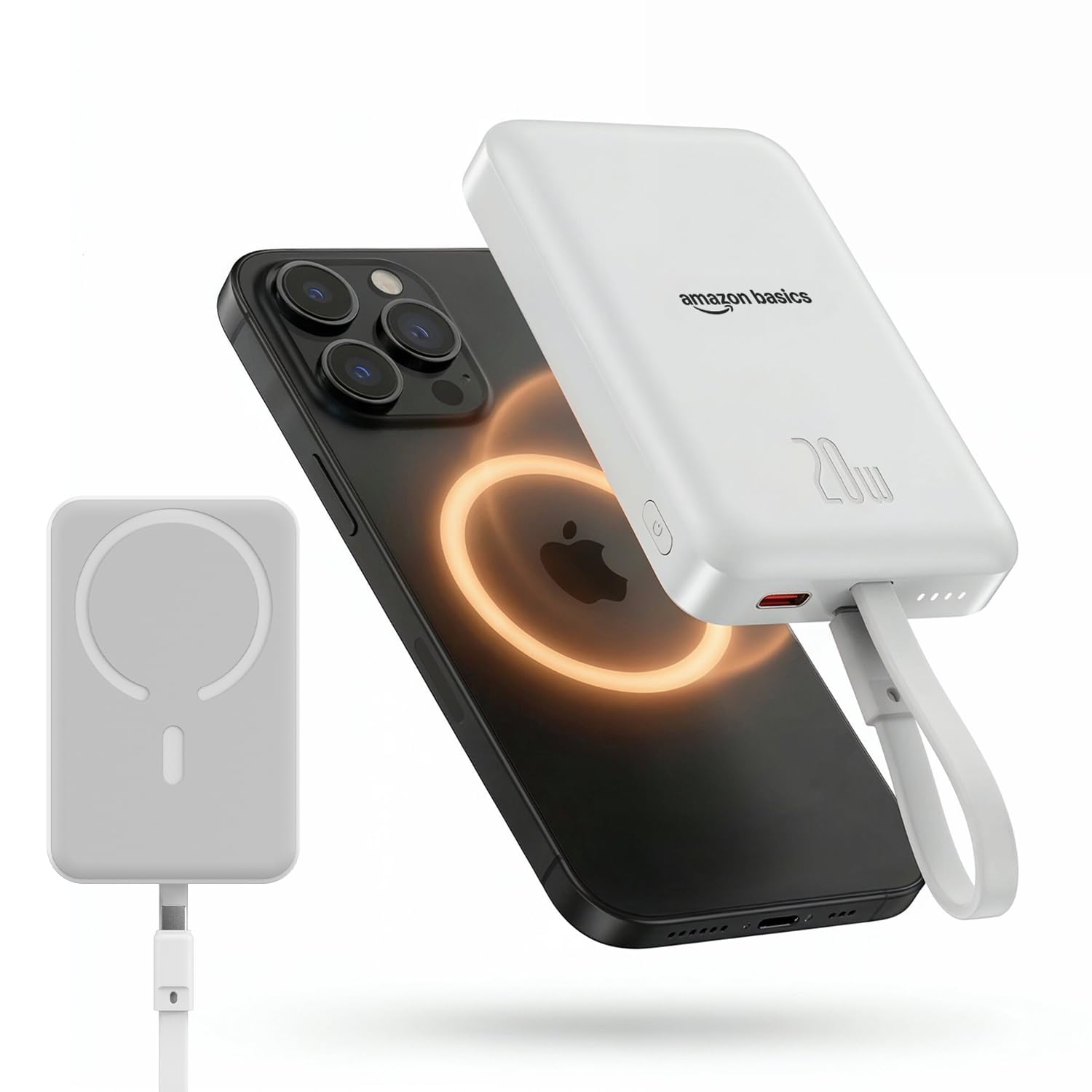 Amazon Basics 10000mAh Magnetic Wireless Power Bank | 15W Wireless Charging & 22.5W PD Output | Built-in Lightning Cable | LED Battery Indicator | White-image-16