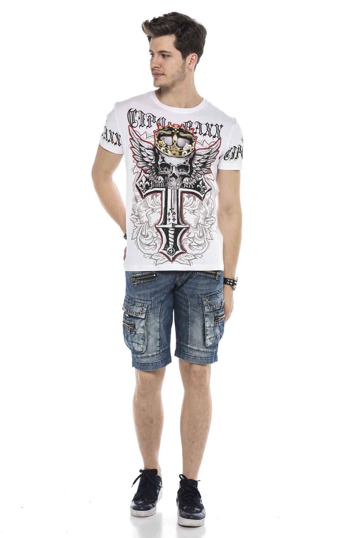 Cipo & Baxx Herren Jeans-Shorts Denim Freizeithose Kurze Hose Reißverschluss Kunstleder Bermuda CK259