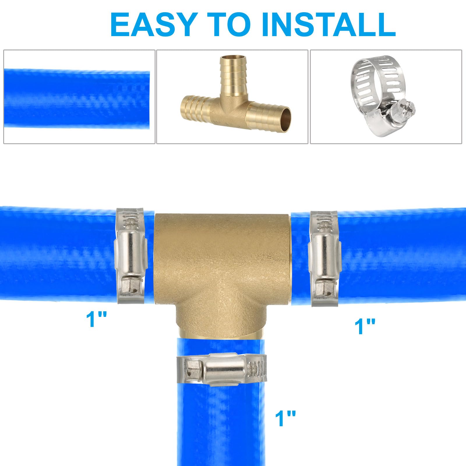PATIKIL 2 Pcs 1" Raccord en T en Laiton pour Tuyau 3 Voies Union Doré | Intersection T Forme, Barbelé Divisé, Avec Colliers, Pour Air Eau Carburant Gaz Liquide