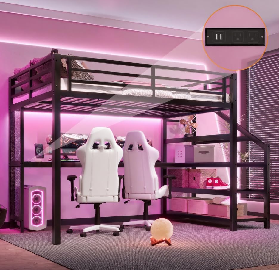 Image of Bellemave Full loft Bed with Storage Stairs, Shelves, Metal Loft Beds with LED Lights, USB Ports, Multifunctional Iron Nets for Adults, Kids, Teens, Black