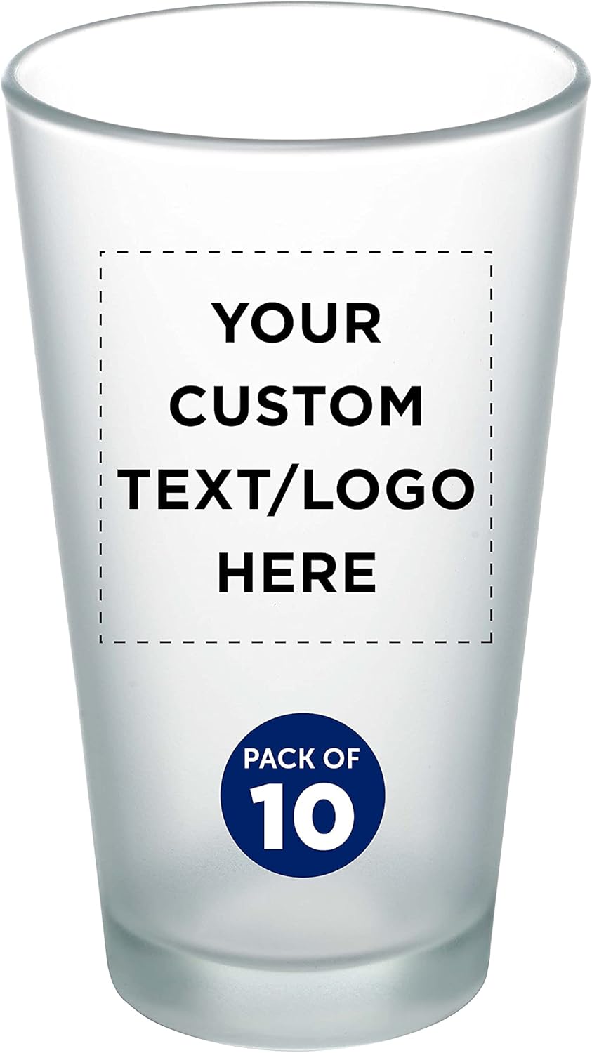DISCOUNT PROMOS 10 Frosted Pint Glasses Set, 16 oz. - Customizable Text, Logo - Barware, Mixing Glass, Durable - Frosted