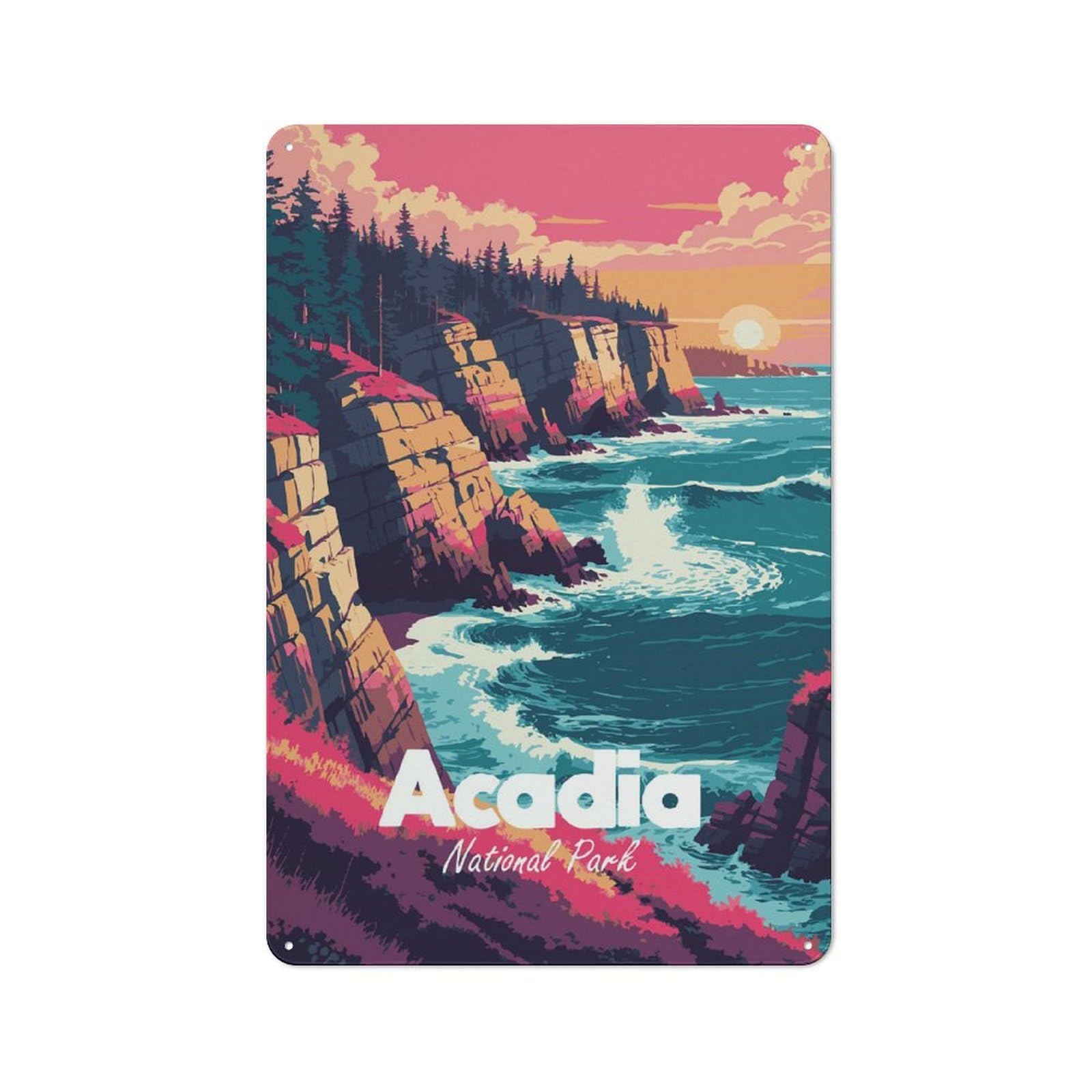 Junmoney Style-12 Retro-Style Tin Sign 30X20cm Featuring Acadia National Park Coastal Landscape Art For Hallway Wall, For Garage, Workshop And Man Cave Decoration