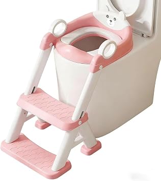 Kids Potty Training Toilet Seat with Step Stool Ladder, Bear Design, Adjustable Height, Non-Slip Steps, Soft PVC Cushion Seat with Handles A-Pink