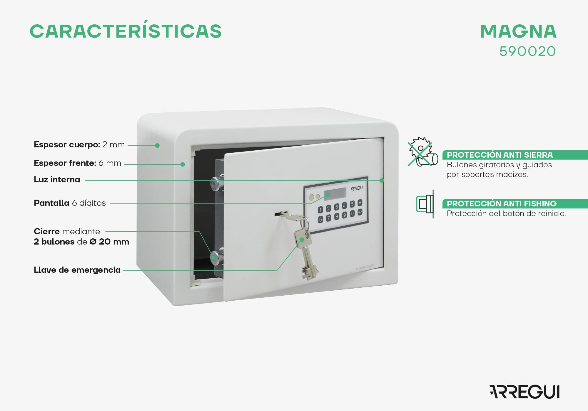 ARREGUI Magna 590020 Caja Fuerte con Cerradura de Doble Seguridad | Caja de Seguridad de Apertura con Codigo más Llave | Caja Fuerte Pequeña para Casa, Hogar, Negocios | 25x35x25 cm | 16 L