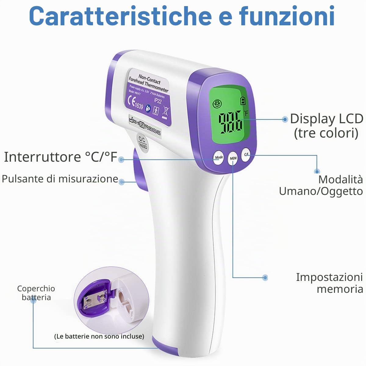 Termometro frontale a infrarossi senza contatto con display LCD resistente per uffici medici, ospedali (termometro resistente)