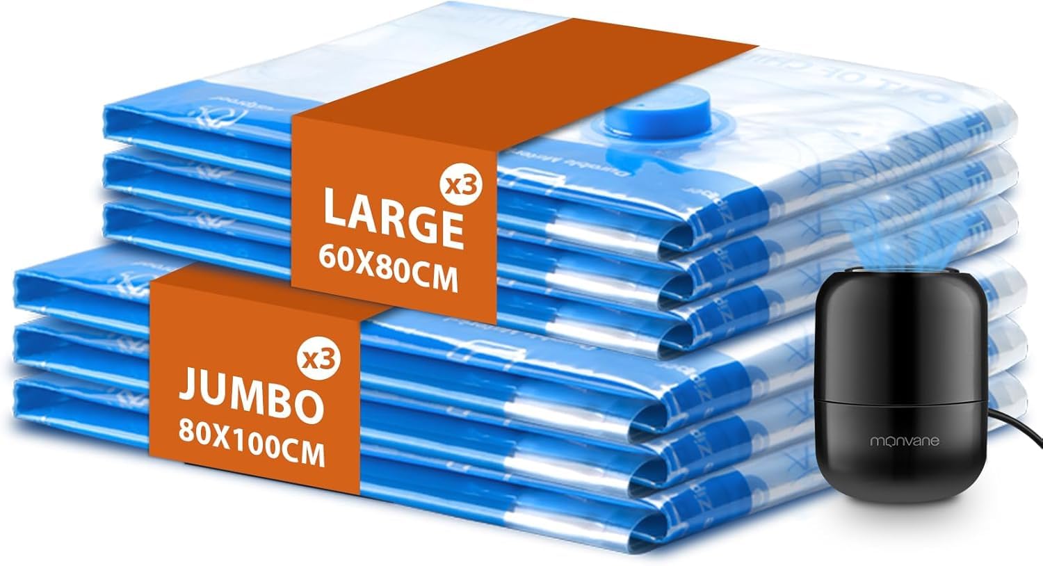 Vacuum Storage Bags - MONVANE 6 Pack Space Saver Bags with Wired Electric Air Pump Suitable for Travel Luggage Suitcase Clothing