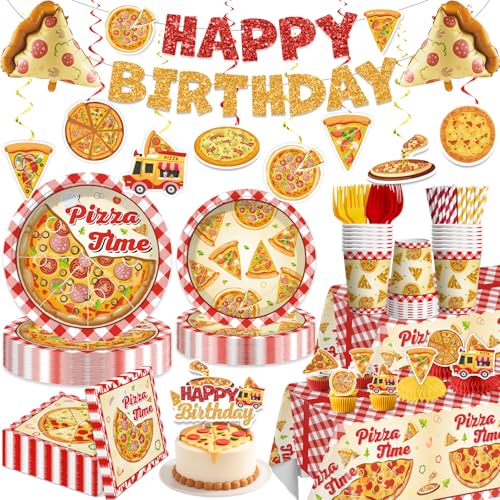Xynic 191pcs Pizza Party Decorations Tableware Set Serves 25 Pizza Birthday Party Decorations Disposable Pizza Themed Plates and Napkins Set with Cakes Toppers Banner and Tablecloths