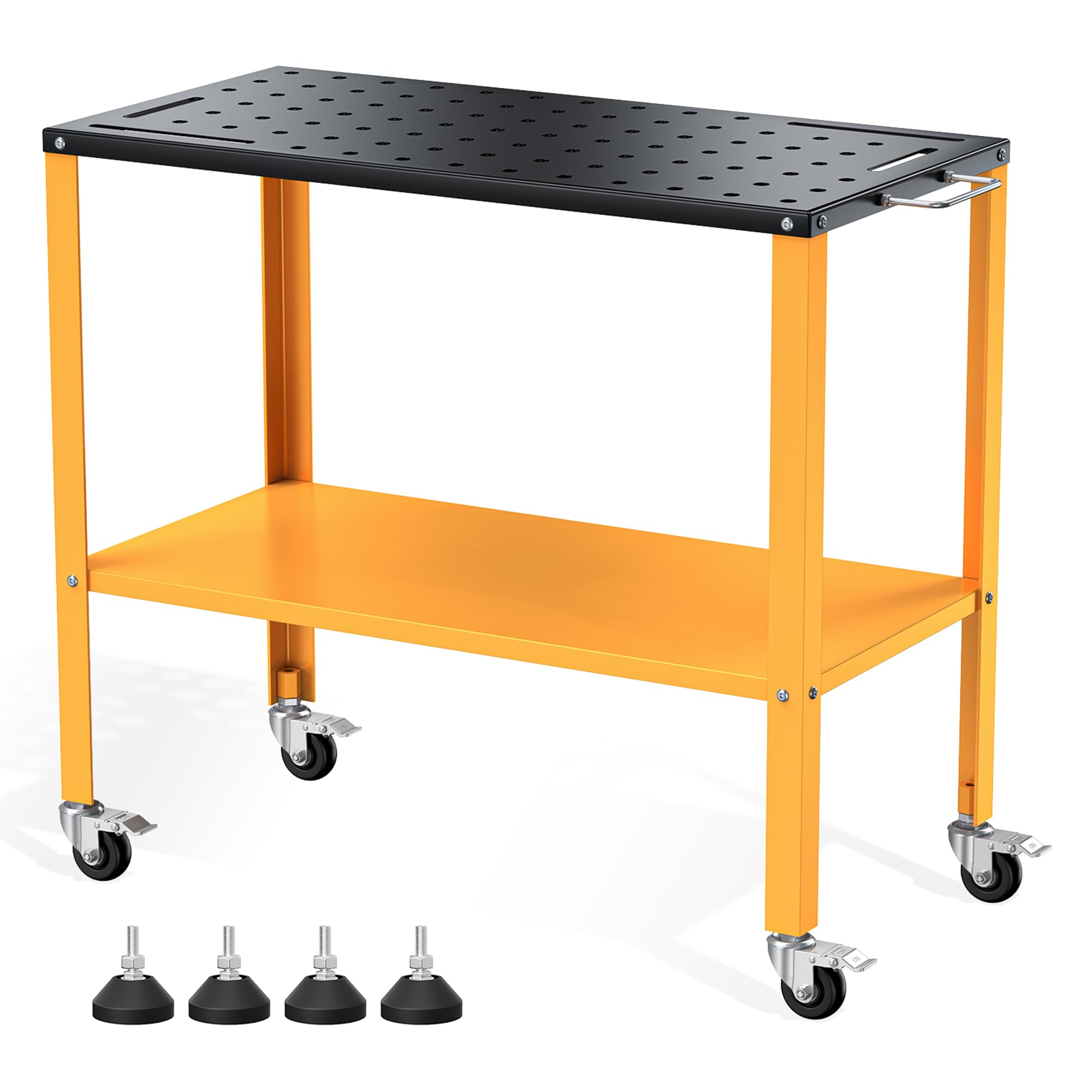 Table de Soudage 91x46 cm, Charge de 544 kg, Finition Oxyde Noir, Établi de Soudage avec 4 Roulettes de Freinage Verrouillables, 4 Fentes pour Outils, Trous de Fixation de 1,6 cm pour Garage, Atelier