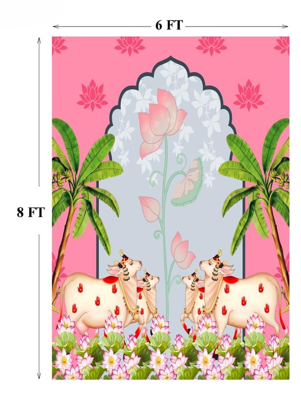 Image of varalakshmi Pooja Background | gomatha Backdrop | pichwai Backdrop Cloth Decorations 8x6 feet Banana Tree 4 Cows | Cow Backdrop for Pooja Decoration | backdrops for poojas Decoration