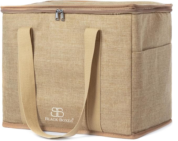 Image of Reusable Insulated Grocery Bag -Insulated Shopping Bags for Groceries - Travel Cooler for Frozen and Hot Food with Zippered Top (Jute)