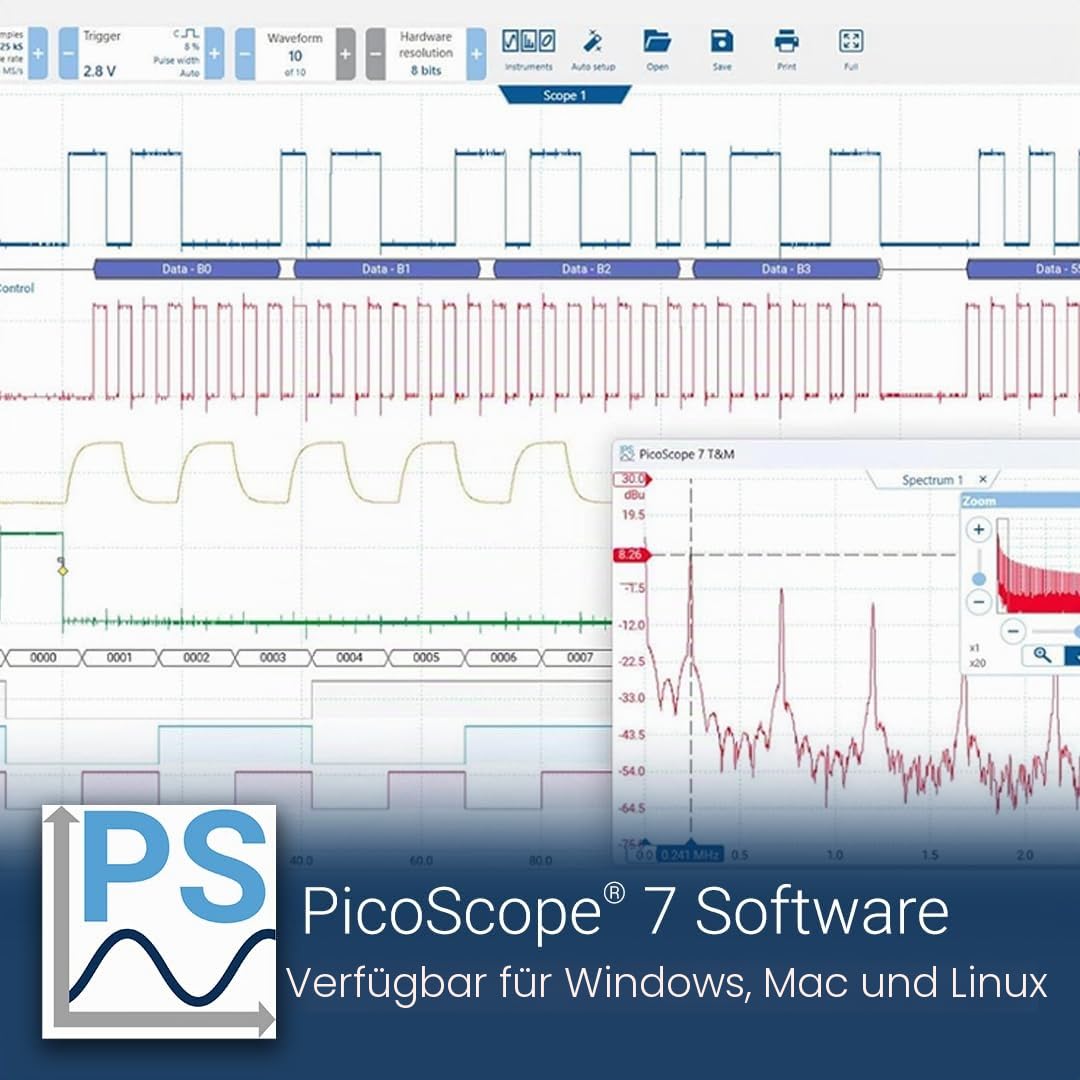 Pico Technology PicoScope 2405A 4 Kanal Oszilloskop 25 MHz, 48 kS, Handheld Digitaloszilloskop Kit inkl. 4 Kanäle, Tastköpfen und PS7 Software für Windows, Mac, Linux