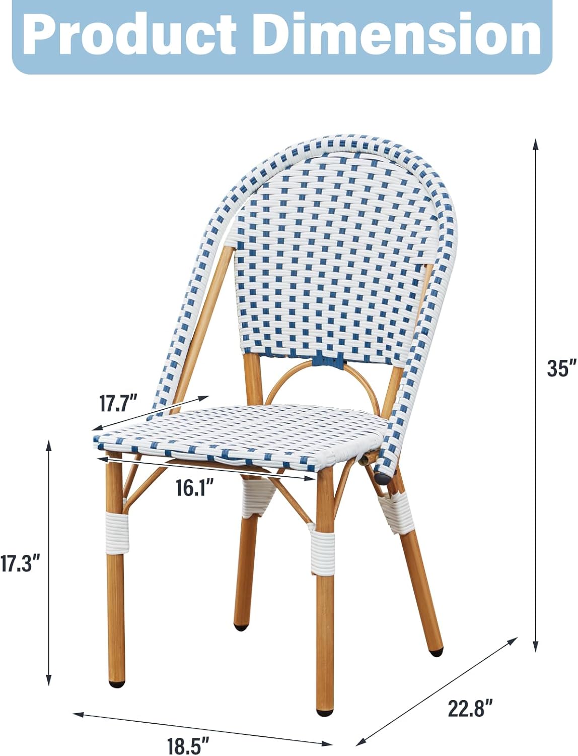 ECOTOUGE Outdoor French Bistro Chair Set of 2, Wicker Patio Dining Chairs with Print Finish, Accent Hand-Woven Rattan Furniture for Porch Garden Indoor, Blue&White