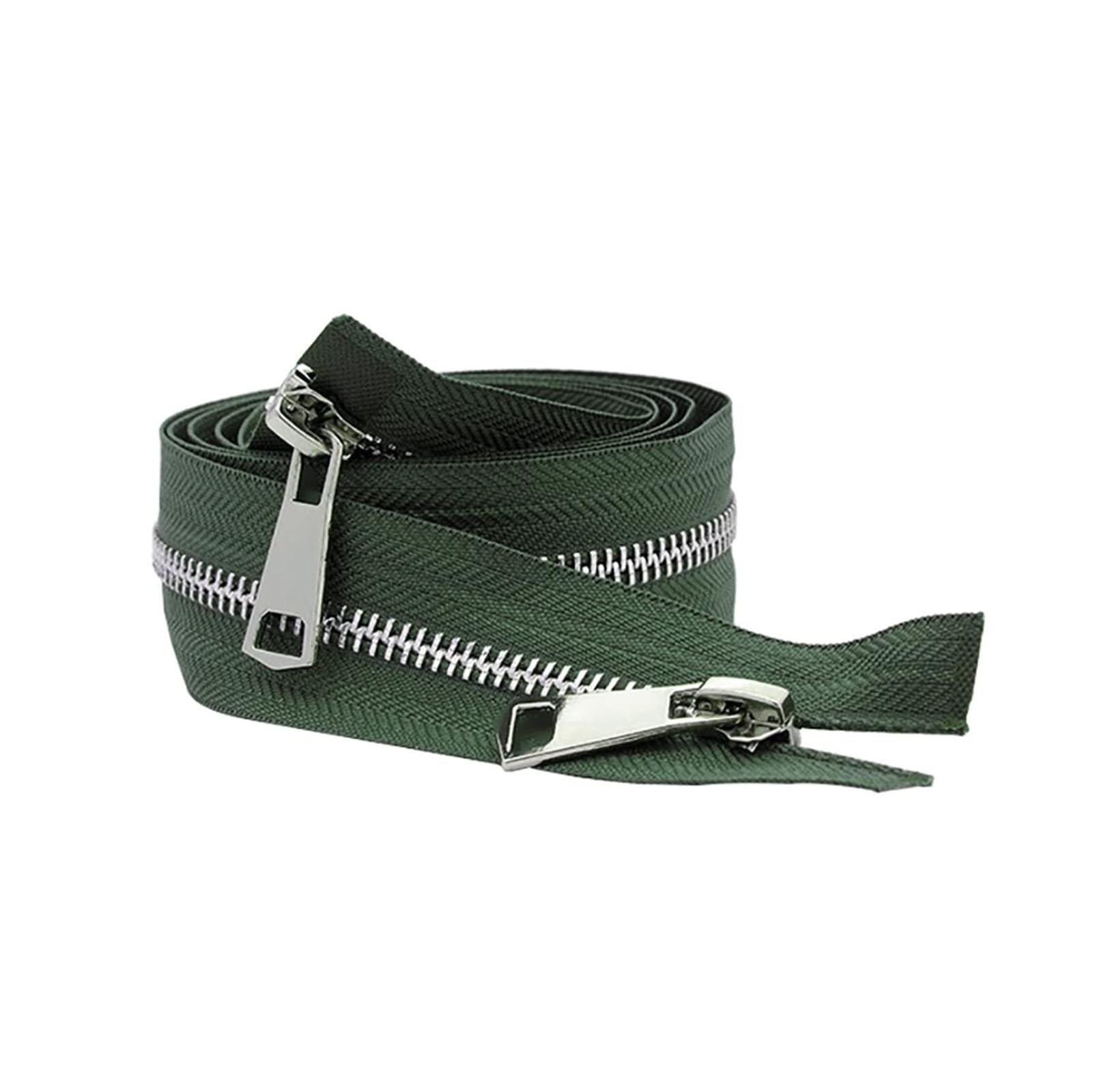 30/40/50/60/70/80 cm 5# Colorful Open-end Double Sliders Silver Metal Zipper for Handcraft DIY Cloth Garment, Army Green, 60cm
