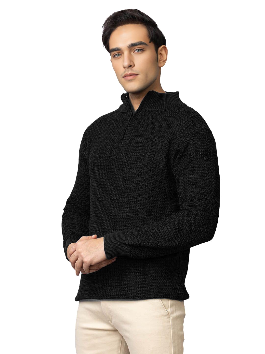 tysort Men High Neck Zipper Full Sleeve Waffle Knitted Winter Sweater,Waffle Knit Sweater for Men-picture-10