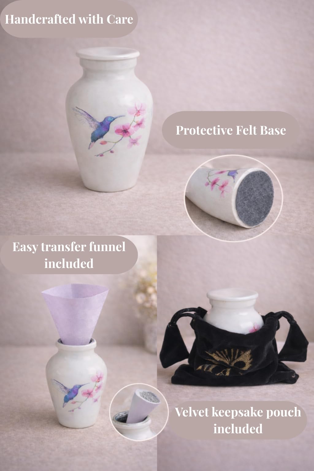 Pequeña urna de cremación de Recuerdo Divit Shilp con Estuche de Terciopelo | Elige Entre Colores únicos | Encantadora Mini Prenda metálica para Cenizas humanas. (Keepsake, Hummingbird White)