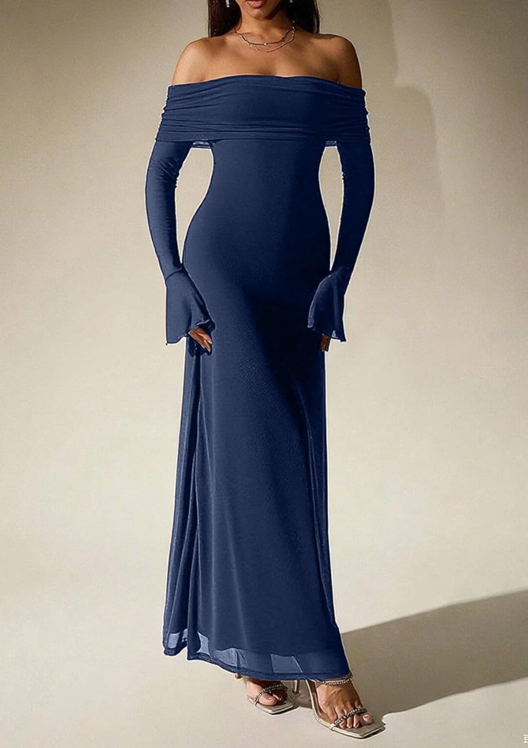 Women Off Shoulder Bodycon Maxi Dress Long Sleeve Mesh Ruched Party Formal Wedding Guest Dresses - Image 4