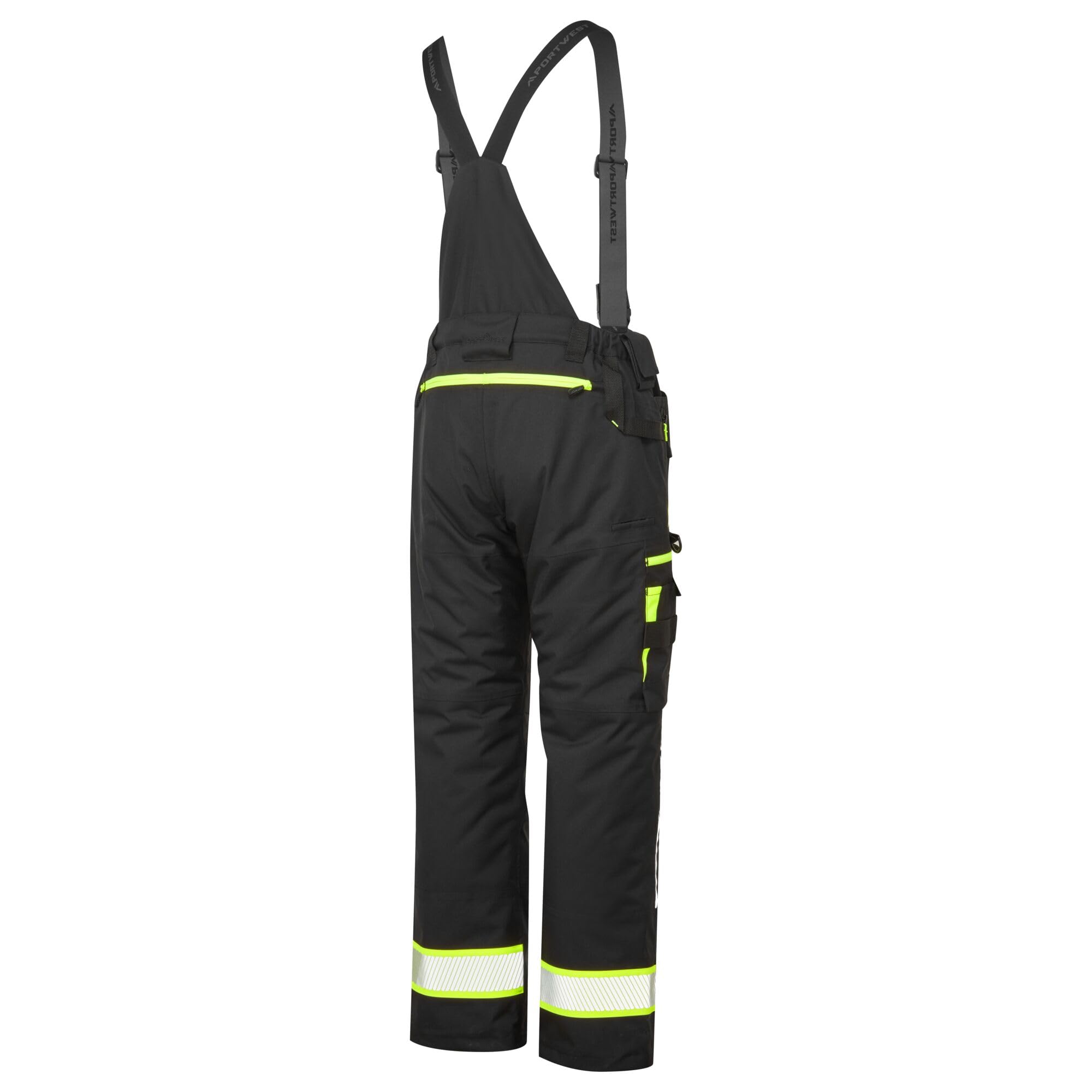 Portwest DX458 Men's Insulated Bib and Brace Work Overalls Detachable Winter Trousers Waterproof Reflective Rain Dungarees Black